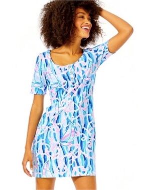 🩷🩵EUC Lilly Pulitzer Gavyn Henley T-Shirt Dress Skim Blue Reel Nauti SZ L🩵🩷